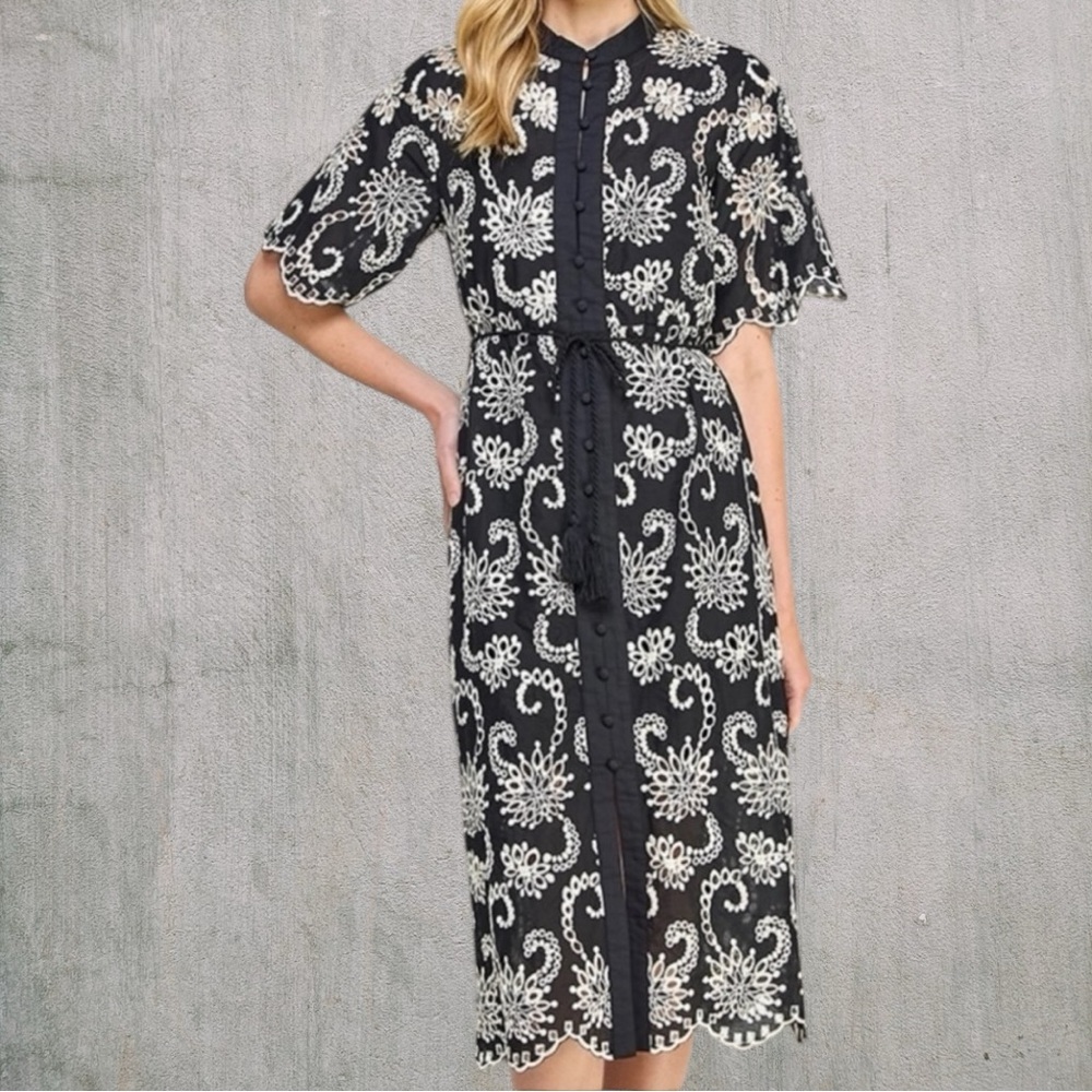 Button Down Eyelet Midi Dress Black/White